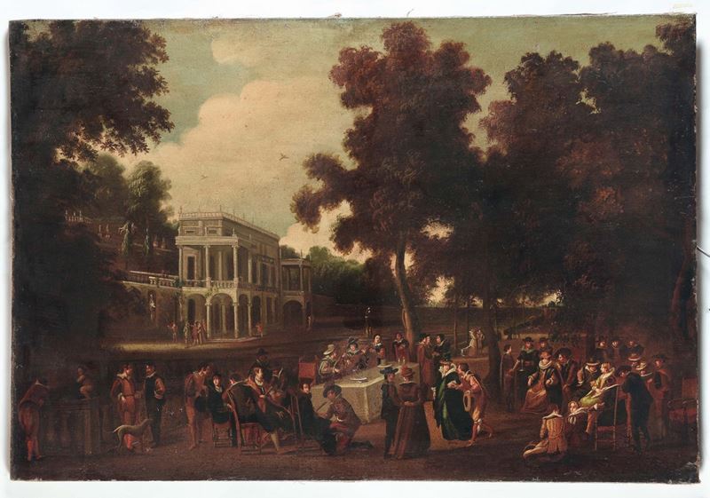 Cornelis de Wael (Antwerp 1592 - Roma 1667),seguace di Trattenimento aristocratico in giardino  - Auction Old Masters Paintings - Cambi Casa d'Aste