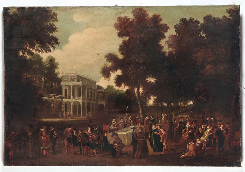 Cornelis de Wael (Antwerp 1592 - Roma 1667),seguace di Trattenimento aristocratico in giardino  - Asta Dipinti Antichi - Cambi Casa d'Aste