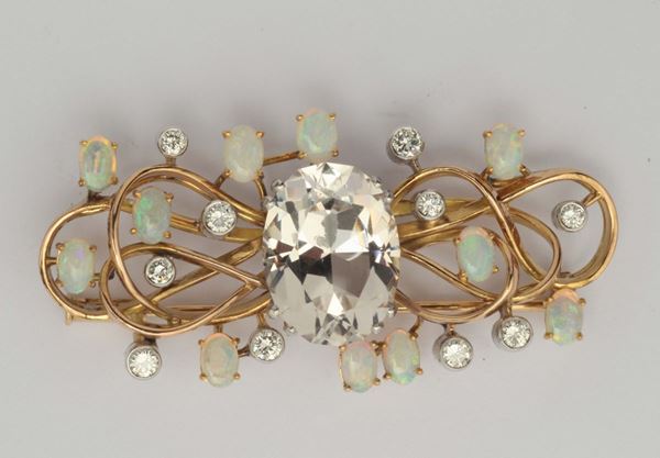 A topaz, diamond, opal and gold brooch, by Enrico Cirio Italy