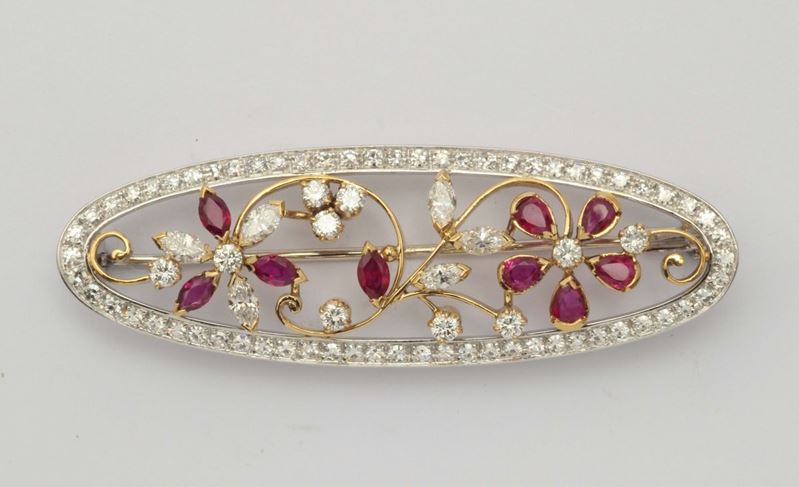 A ruby, diamond and gold brooch, by Enrico Cirio Italy  - Auction Fine Jewels - I - Cambi Casa d'Aste