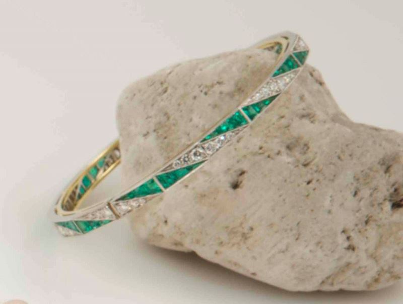 Enrico Cirio. Bracciale tipo Tiffany con 54 diamanti e 54 smeraldi idrotermali  - Asta Fine Jewels - I - Cambi Casa d'Aste