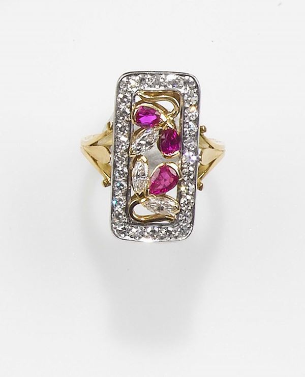 A ruby, diamond, gold and palladium  ring, by Enrico Cirio Italy
