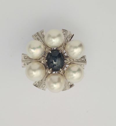 Anello con Zaffiro Blu Stellato, Perle Australiane e Diamanti