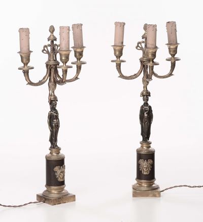 Coppia di Candelabri a Tre Luci in Stile Impero