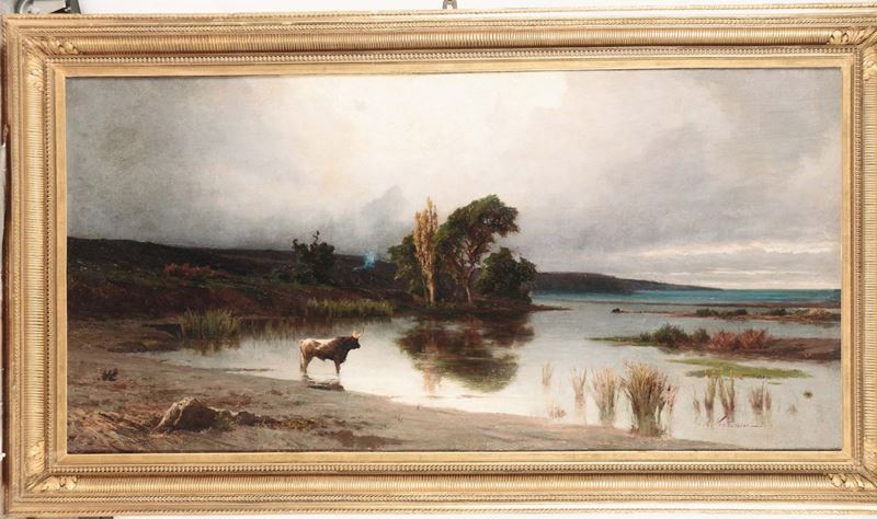 Achille Ventunni (1826-1897) Paesaggio con mucche  - Asta Dipinti del XIX e XX secolo - Cambi Casa d'Aste