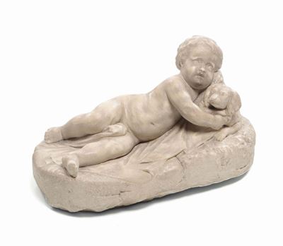 Scultura in Marmo Raffigurante Fanciullo Sdraiato che Abbraccia Cane, Scultore Barocco Operante a...