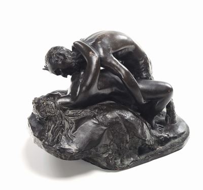 Gruppo in Bronzo Fuso Raffigurante Scena Erotica con Satiro che Possiede una Ninfa, Francia XIX-X...