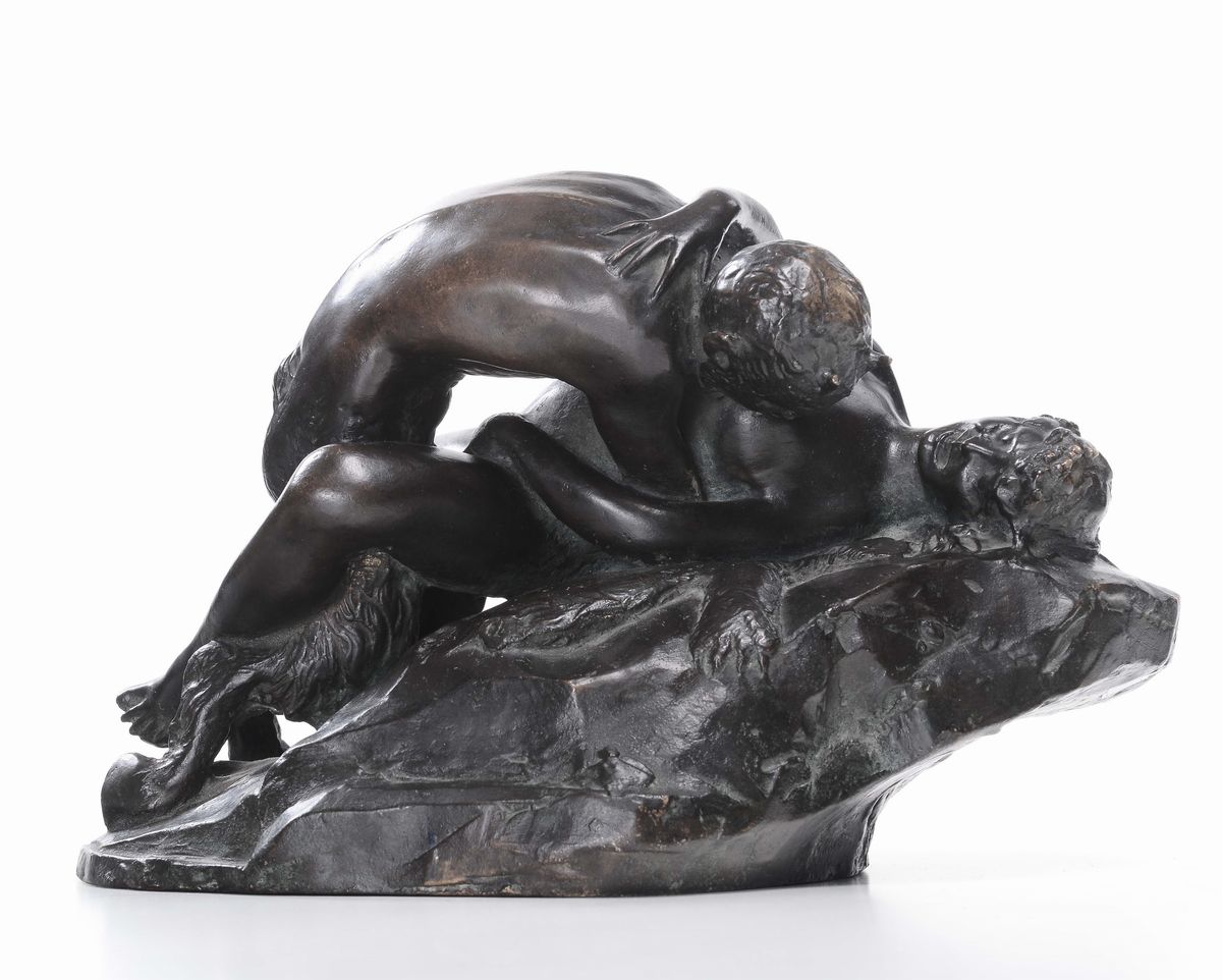 Gruppo in Bronzo Fuso Raffigurante Scena Erotica con Satiro che Possiede una Ninfa, Francia XIX-X...