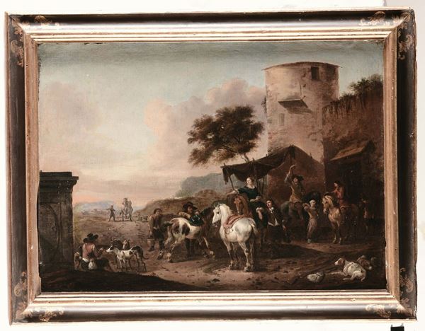 Simon Johannes van Douw (Anversa 1630 circa - 1677 circa) Paesaggio con figure