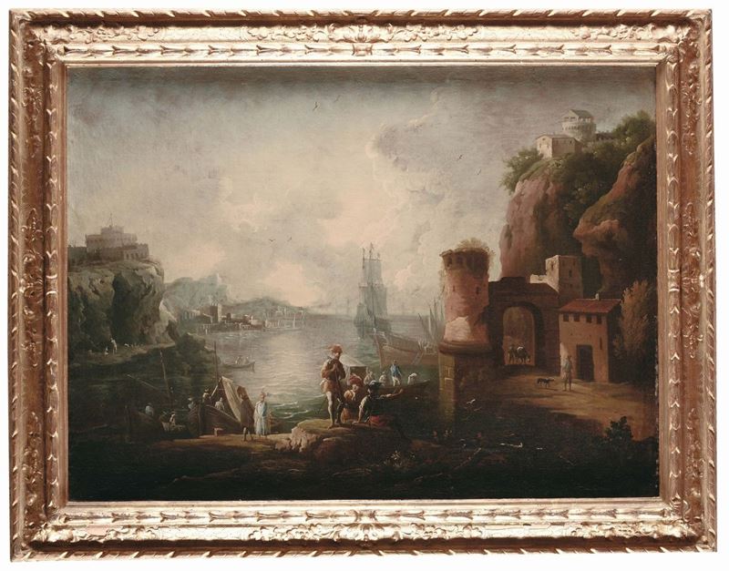 Scuola del XVIII secolo Paesaggio marino con figure  - Asta Dipinti Antichi - Cambi Casa d'Aste