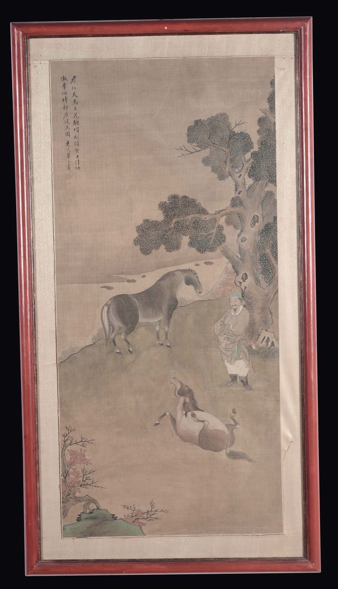 Dipinto su carta raffigurante personaggio con due cavalli e iscrizione in alto a sinistra, Cina, Dinastia Qing, XIX secolo  - Asta Fine Chinese Works of Art - II - Cambi Casa d'Aste