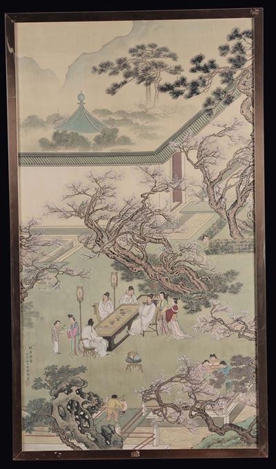 Dipinto raffigurante dignitari e Guanyin, Cina, XX secolo, olio su tela