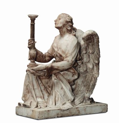 Alceo Dossena (1878-1937)coppia di Angeli Reggicero in Marmo