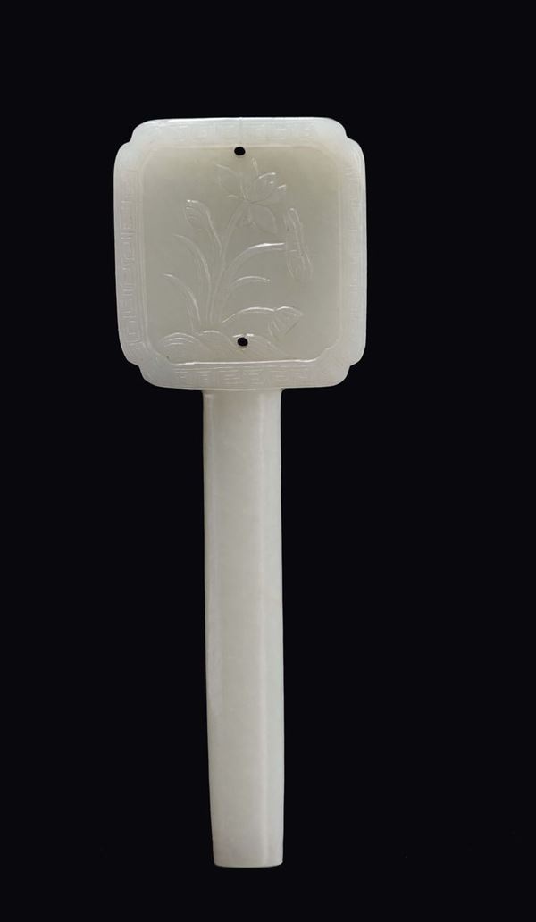 A Celadon white jade fan-holder with flower, China, Qing Dynasty, Qianlong Period (1736-1795)
