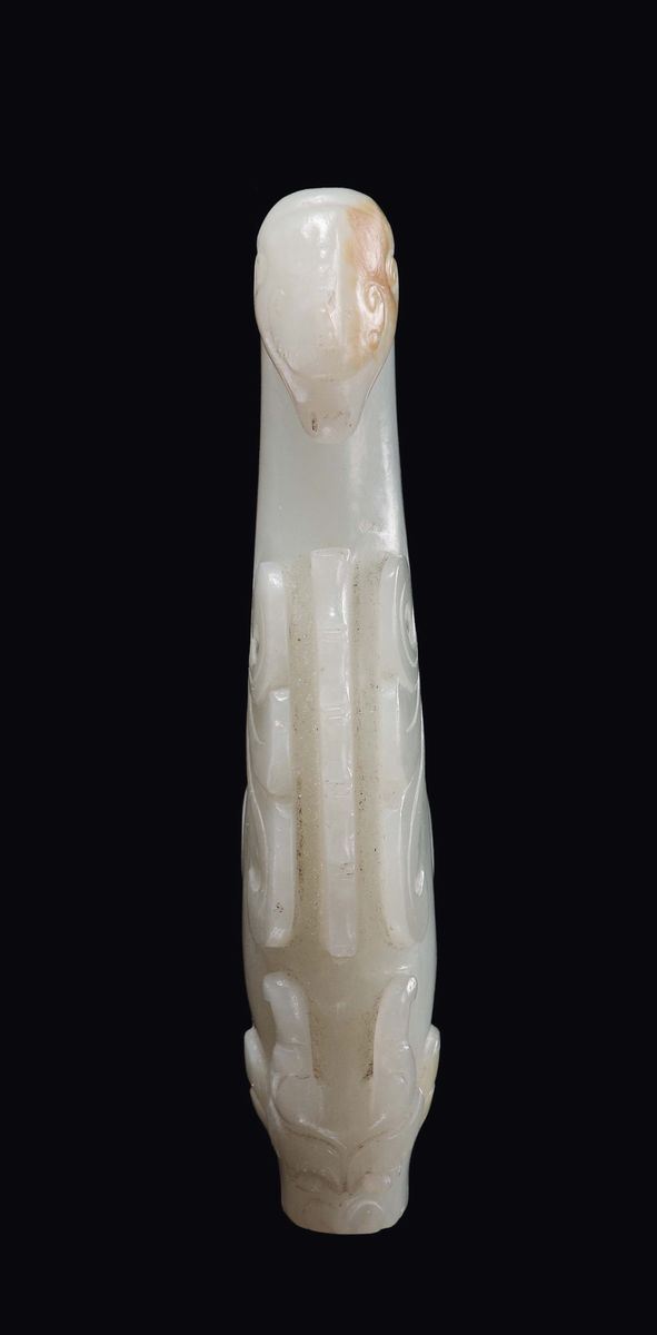 Rara fibbia in giada bianca Celadon scolpita a guisa di fenice, Cina, Dinastia Qing, epoca Qianlong (1736-1795)