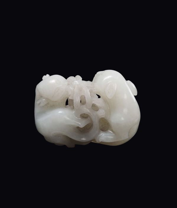 A white jade two cats and dragonfly group, China, Qing Dynasty, 19th century