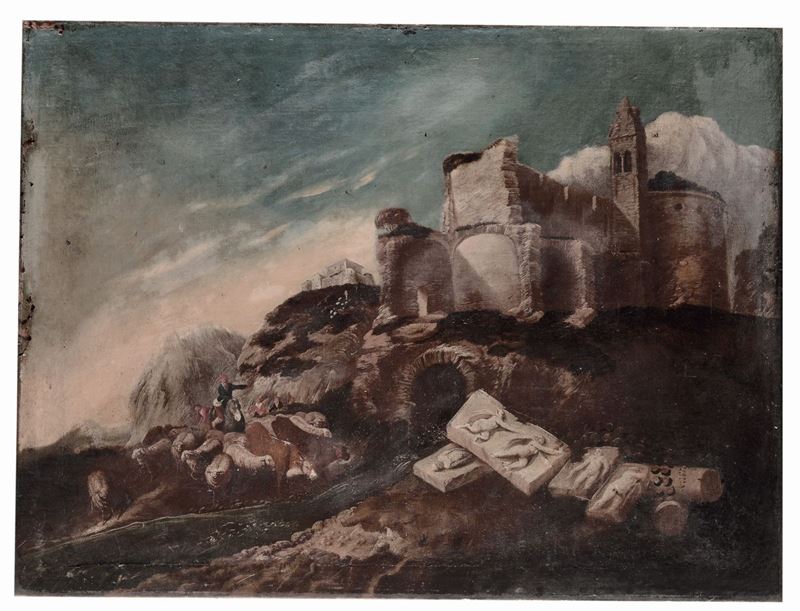 Antonio Travi, detto il Sestri (Genova 1608-1665) Paesaggio con rovine  - Asta Dipinti Antichi - Cambi Casa d'Aste