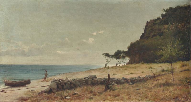 Anonimo del XIX secolo Scena costiera con pescatore  - Auction 19th and 20th Century Paintings - Cambi Casa d'Aste