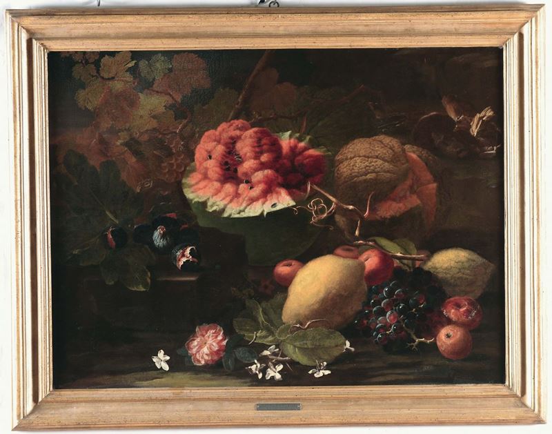 Giuseppe Ruoppolo (Napoli 1631 circa - 1710 circa), attribuito a Anguria, cedri, uva e altri frutti su un tavolo  - Asta Fine Art Selection - II - Cambi Casa d'Aste