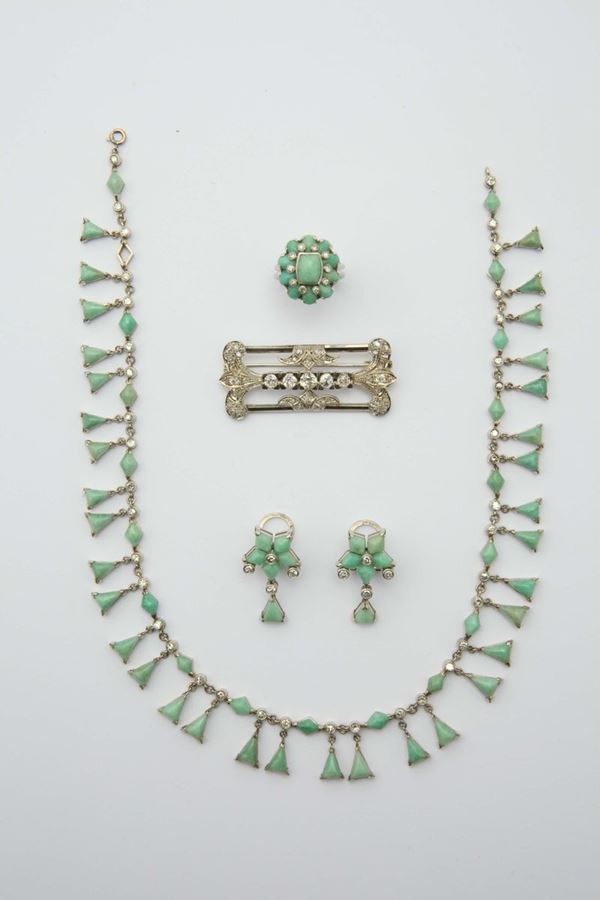A lot of amazonite and diamond parure and a diamond brooch