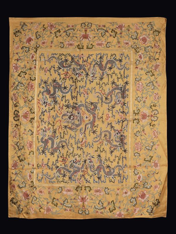 A silk cloth yellow-ground with nine dragons surrounded by flowers, China, Qing Dynasty, 19th century