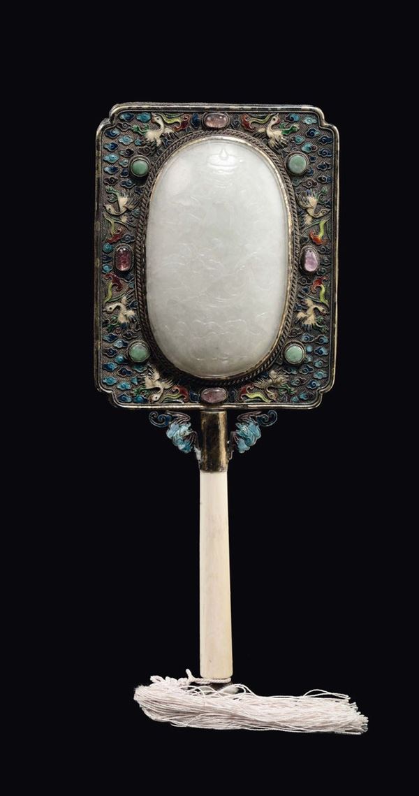 A filigree mirror with ivory handle with white jade plate and semiprecious stones insert, China, Qing Dynasty, 19th century