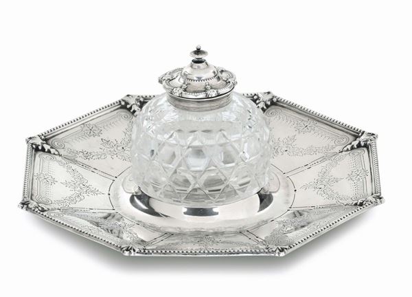 Calamaio in argento e vetro molato, bolli di Londra per il 1876