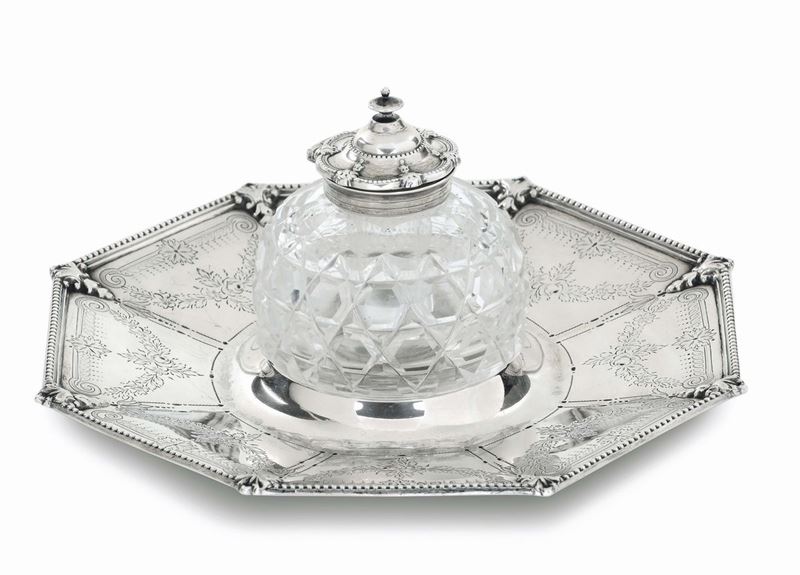 Calamaio in argento e vetro molato, bolli di Londra per il 1876  - Asta Argenti da Collezione Italiani ed Europei - II - Cambi Casa d'Aste