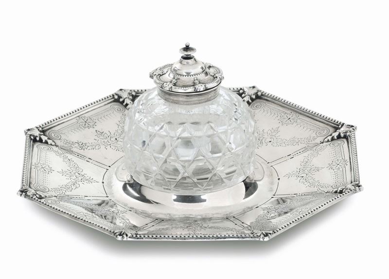 Calamaio in argento e vetro molato, bolli di Londra per il 1876  - Auction Fine art - II - Cambi Casa d'Aste