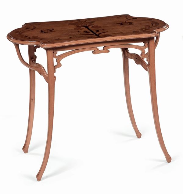 Tavolino in legno lastronato ed intarsiato, epoca Liberty
