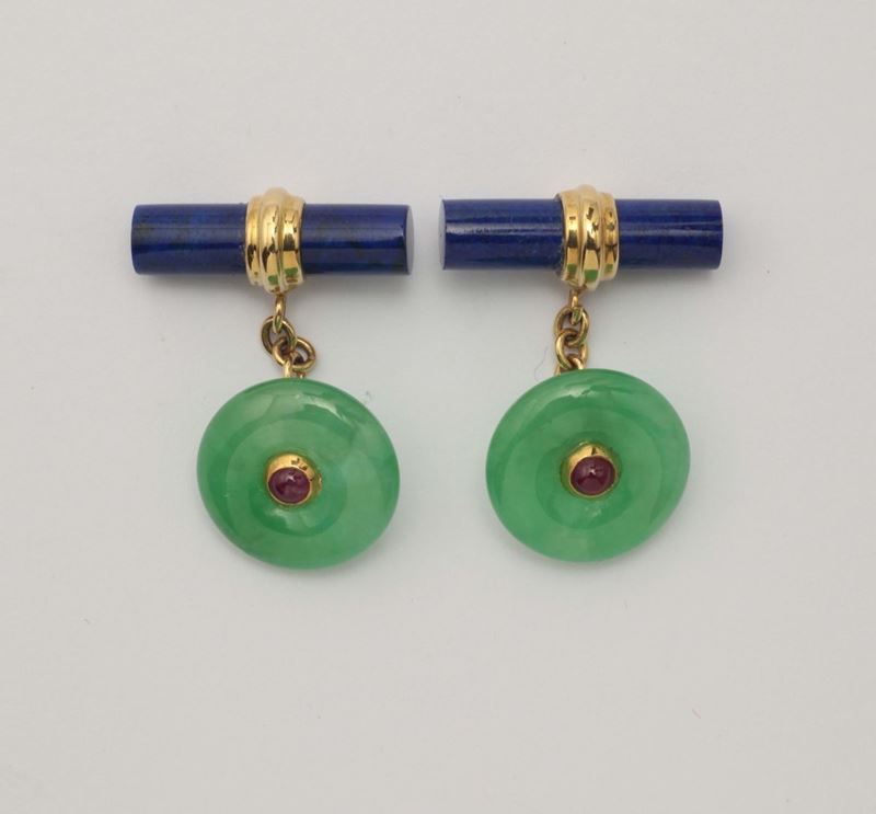 A pair of jade, lapis and ruby cufflinks  - Auction Fine Jewels - I - Cambi Casa d'Aste