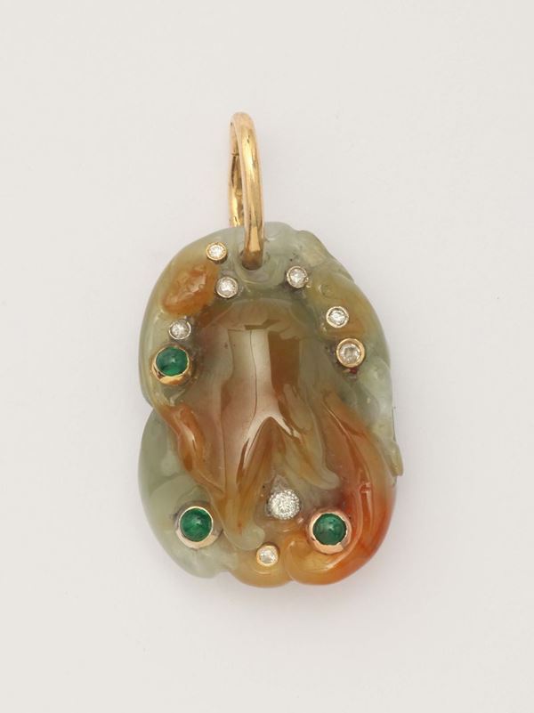 A jade, diamond and emerald pendent