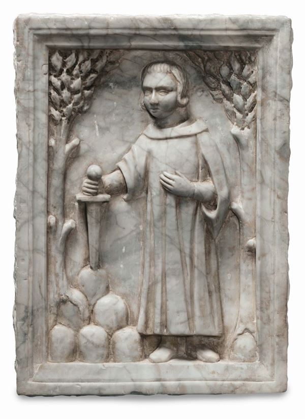 Formella scolpita raffigurante San Galgano, scultore senese, prossimo ad Agostino di Giovanni e Giovanni d'Agostino attivo a Siena verso il 1330-1340