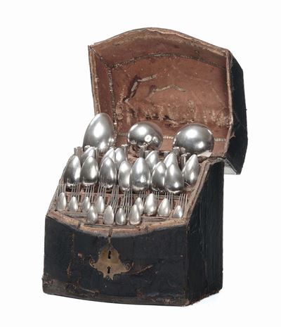 Custodia in Pelle con Servito di Posate in Argento, Firenze Prima Metà del XIX Secolo