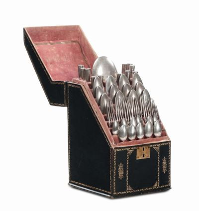 Custodia in Pelle con Servito di Posate in Argento, Messina 1818