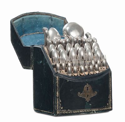 Custodia in Pelle con Servito di Posate in Argento, Venezia Fine XVIII Secolo