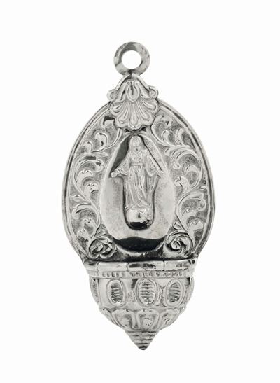 Acquasantiera in Argento con Raffigurazione della Madonna Assunta, Italia XIX-XX Secolo