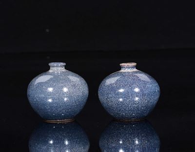 Coppia di Piccole Giare in Porcellana Flambè sui Toni del Blu, Cina, Dinastia Qing, XIX Secolo