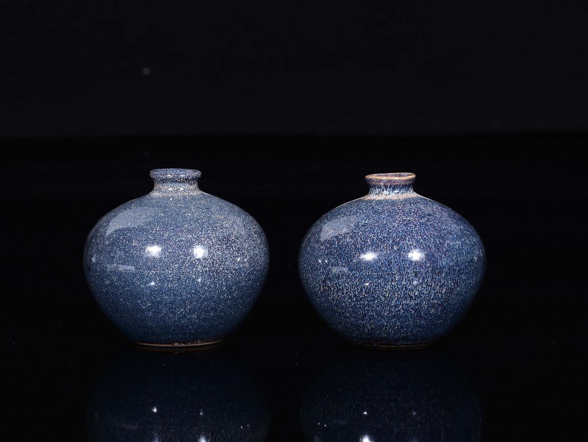 Coppia di Piccole Giare in Porcellana Flambè sui Toni del Blu, Cina, Dinastia Qing, XIX Secolo