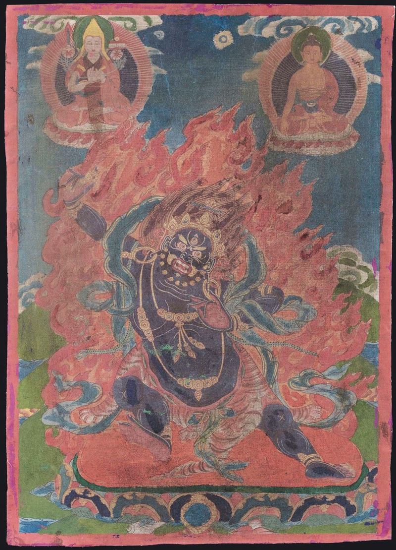 Tanka a fondo azzurro con Mahakala centrale, Tibet, XIX secolo  - Asta Chinese Works of Art - Cambi Casa d'Aste