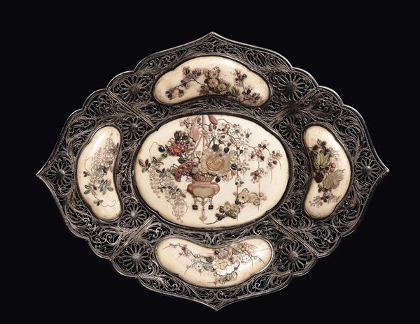 A silver filigree basket with ivory plaques and flowers mother-of-pearl inlays, Japan, Meiji Period, late 19th century