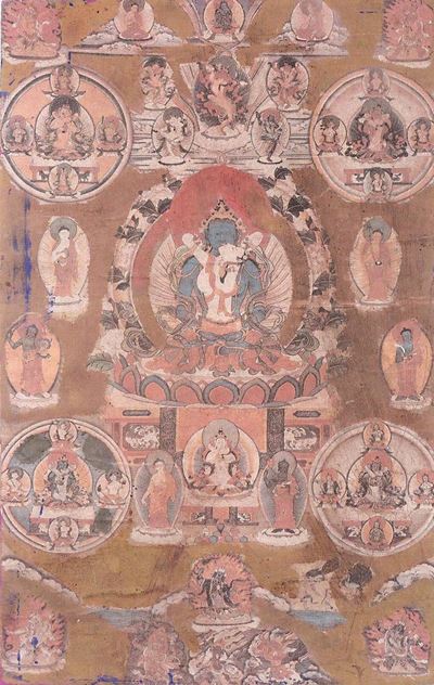 Tanka su Carta a Fondo Verde con Diverse Divinità, Tibet, XIX Secolo