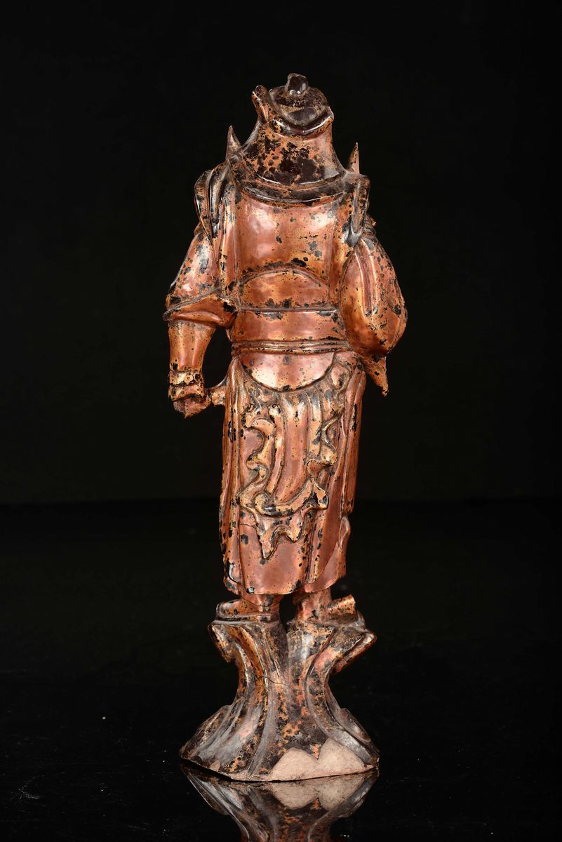 Scultura in Legno Laccato Raffigurante Guerriero, Cina, Dinastia Qing, XVIII Secolo