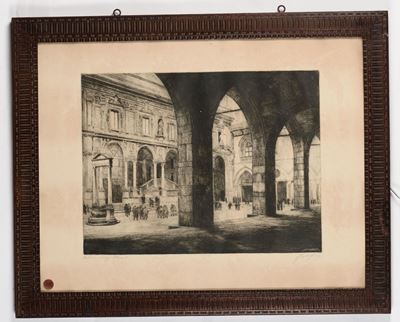 Acquaforte Raffigurante Piazza dei Mercanti a Milano
