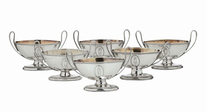 Insieme di sei salierine in argento, Sheffield, 1780, orafo Young, Greaves & Hoyland, Y.G.&H.  - Auction Italian and European Silver Collection  - II - Cambi Casa d'Aste