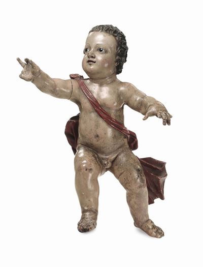 Scultura Raffigurante Bambinello in Legno Laccato, Napoli XVIII Secolo