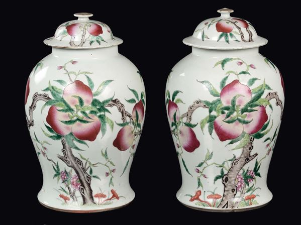 Coppia di potiches con coperchio in porcellana policroma con raffigurazioni di pesche, Cina, Dinastia Qing, XIX secolo