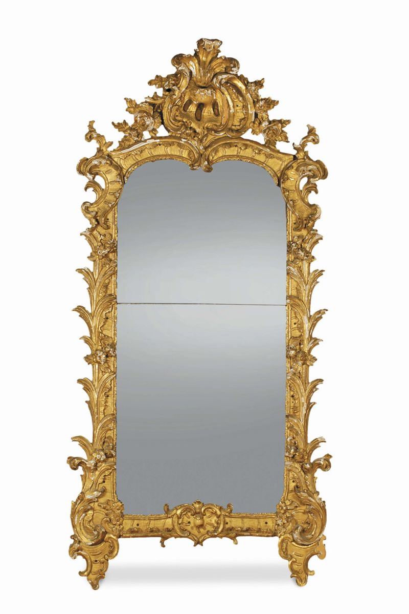 Specchiera  Luigi XIV riccamente intagliata e dorata, Roma XVIII secolo  - Auction Fine Arts from refined private house - Cambi Casa d'Aste