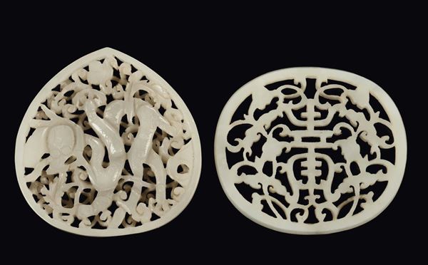Two Celadon jade fretworked plates with naturalistic decoration, China, Qing Dynasty, 18th century