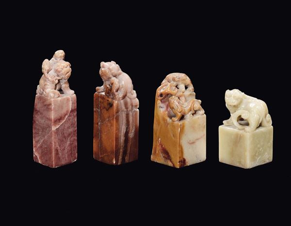 Four soapstone seals with fantastic animals, China, Qing Dynasty, 19th century